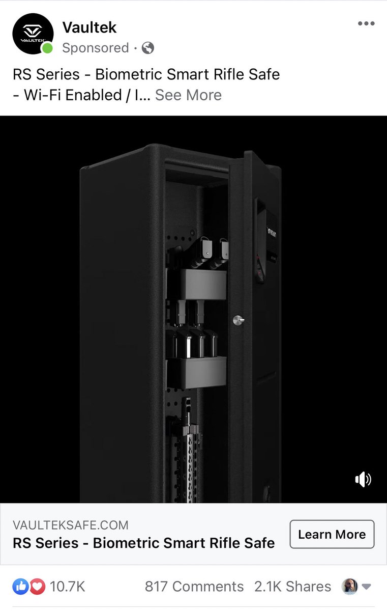 8/x Facebook’s algorithm has figured out that I’m engaging with ads related to weapons and armor, so I’m getting served more. I’m sure police around the country are *really* excited about the quick-draw under-dashboard pistol mount being a thing.