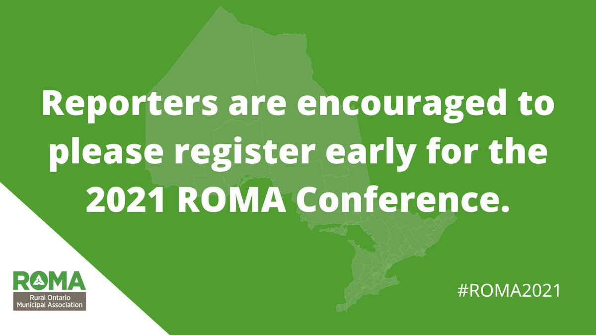 MEDIA ADVISORY: Reporters who want to cover the 2021 (virtual) ROMA Conference can cover the entire program from home, provided they have registered. Please register early to help make the process easier for everyone. #ROMA2021 roma.on.ca/ROMA-Content/N…