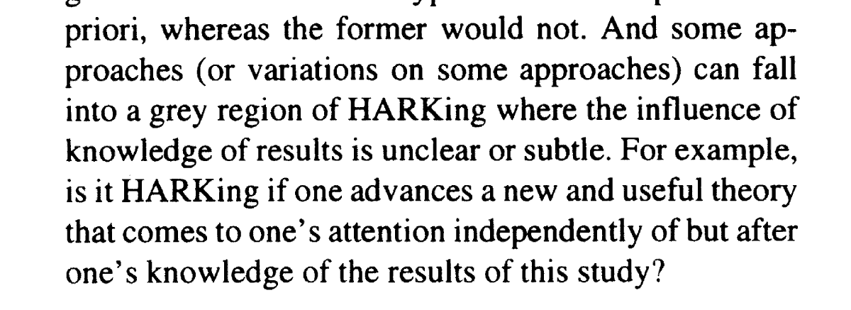 Indeed, in his nuanced discussion of HARKing, Kerr (1998) acknowledges that the independence of theory from current results may be more important than the timing of its generation. https://doi.org/10.1207/s15327957pspr0203_4