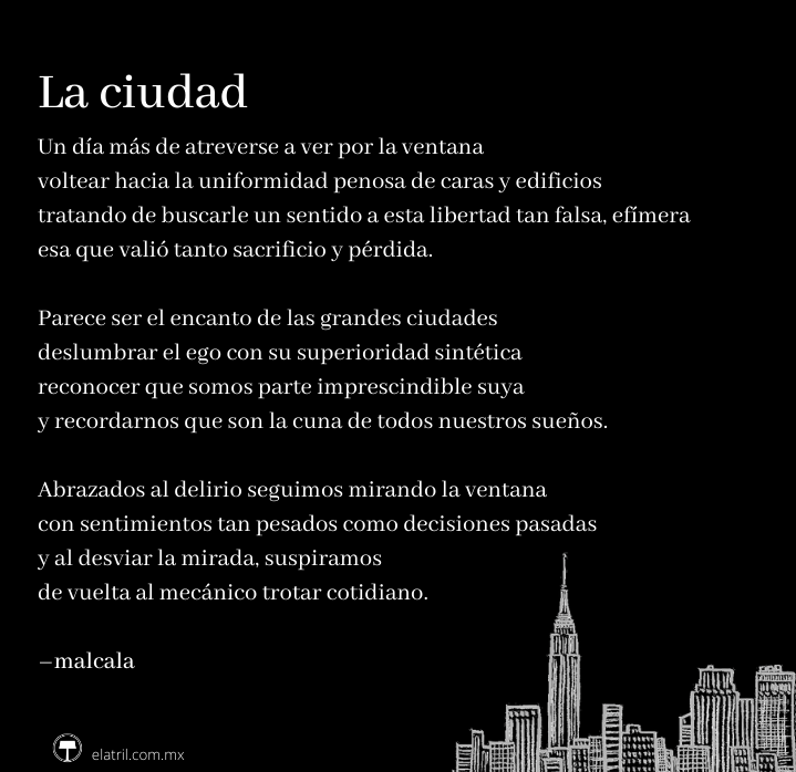 ElAtril's tweet photo. Acompaña este 'Blue Monday' junto a @MarianAlcalaC  con el regreso de los #LunesDePoesía en @ElAtril. 

Hoy presenta 'La Ciudad'

Pásenle a leer: https://t.co/pUP8tLqiBS https://t.co/wiK7c7Dt82