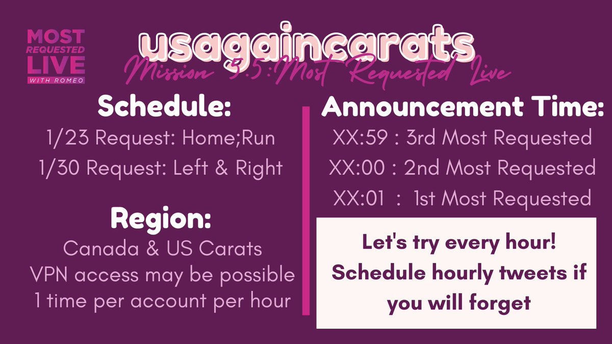 usagaincarats's tweet photo. We'll be requesting #HomeRun on 1/23 &amp; #LeftnRight on 1/30.
If you are going to be busy, feel free to schedule a tweet every hour. 
They have a program that detects &amp; count the requests every hour. 
#SEVENTEEN #세븐틴 
@pledis_17 https://t.co/9b1na9a2U8