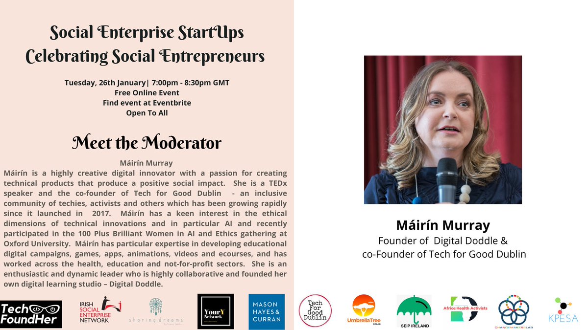 SEIPIreland's tweet photo. We can’t wait to hear from @MairinMurray , founder of Digital Doodle & co-founder of @Tech4GoodDublin , about the great work her organisations do!
You can sign up for this great @YourYNetwork1 event here: https://t.co/xHJVw92cuG
#KnowYourY #SocialEnterprise #TechforGood https://t.co/lzYQJbhT9e
