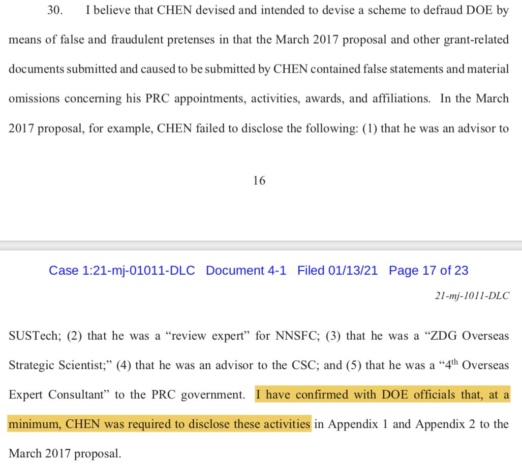 30. McCarthy believes "that CHEN devised and intended to devise a scheme to defraud DOE".The basis for his belief is a list of advisory positions not disclosed in a DOE form. Even with access to Chen's private communications, he cannot find actual evidence of any intent.