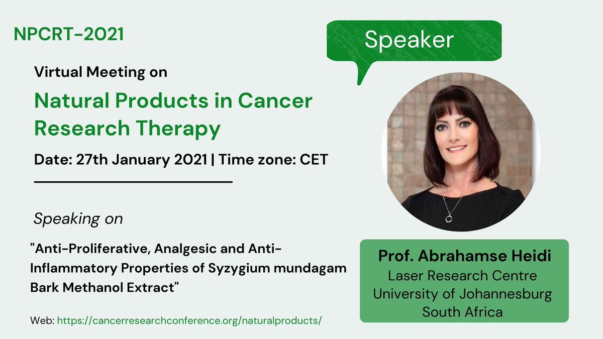 KK_usgcancer's tweet photo. Join the virtual meeting on Natural Products in Cancer Research Therapy (NPCRT-2021) that will be held on
27th January 2021 at 9:00 AM CET
Register: https://t.co/3MDQgOeGks 
@uni_mainz_eng
@PhytoChemLab
 #anticancer #virtualmeeting
@go2uj https://t.co/UnU524bZEO
