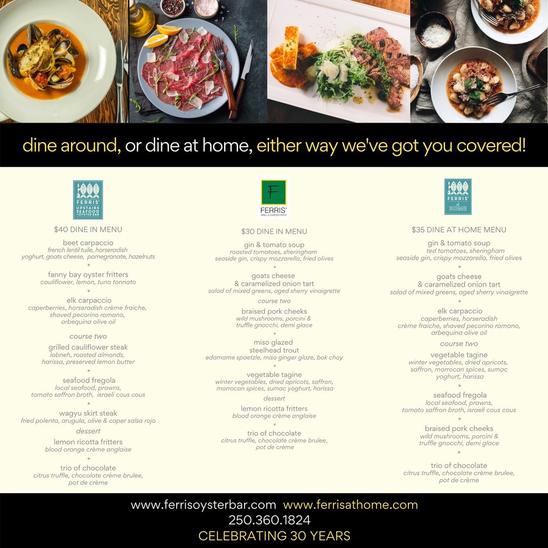 Dine around is on! Dine in, or order one of our special prepare at home dine around meal kits!
#ferrisupstairs
*
*
*
#yyjeats #yyjfoodies #yyjdinearound #yyjdinearound2021 #yyjmealkits #victoria #dinearoundvictoria