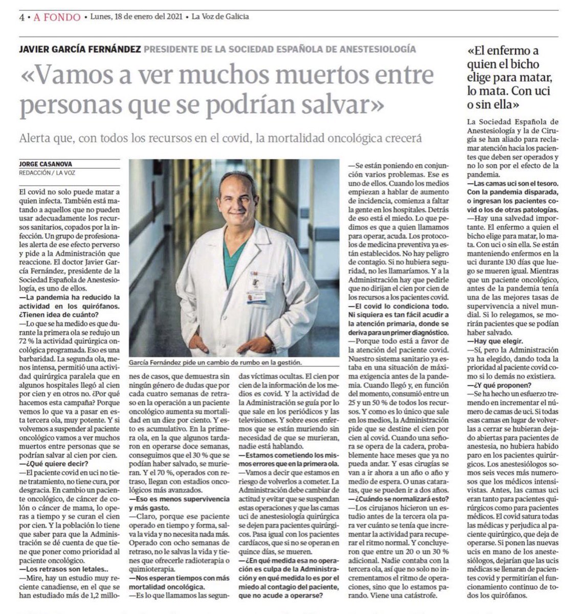 Gracias a <a href="/lavozdegalicia/">La Voz de Galicia</a> por este artículo donde seguimos dando visibilidad a nuestra especialidad y al problema tan importante que tenemos con pacientes Covid y no Covid. ¡No bajéis la guardia!  <a href="/sedar_es/">SEDAR</a> #orgullosodeseranestesista