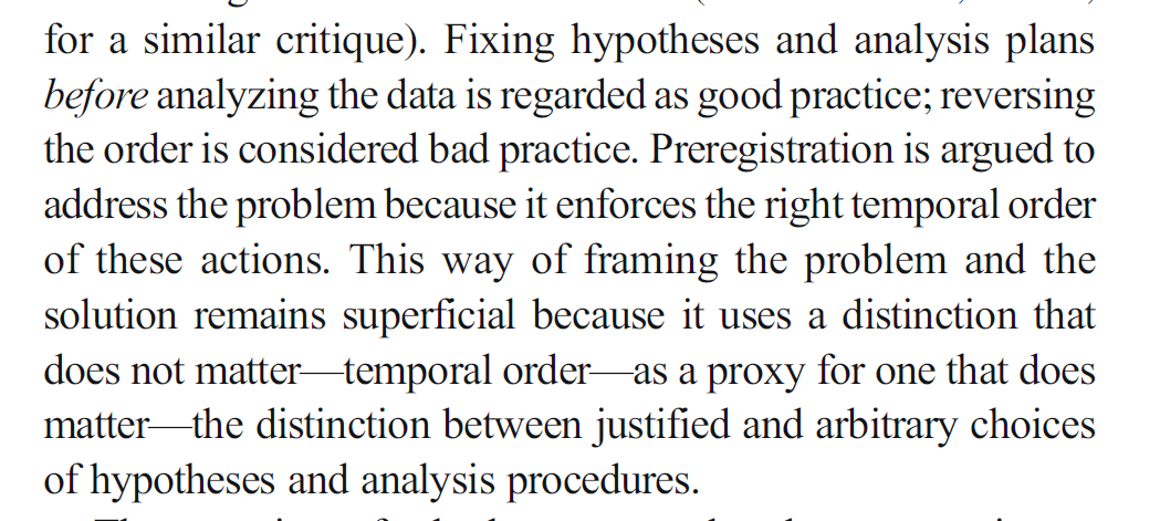 Similarly, Oberauer and Lewandowsky (2019;  @STWorg) explain that the temporal order of hypotheses and data analyses is “superficial,” and that what really matters is whether the choices of hypotheses and analyses are (theoretically) justified or arbitrary. https://doi.org/10.3758/s13423-019-01645-2