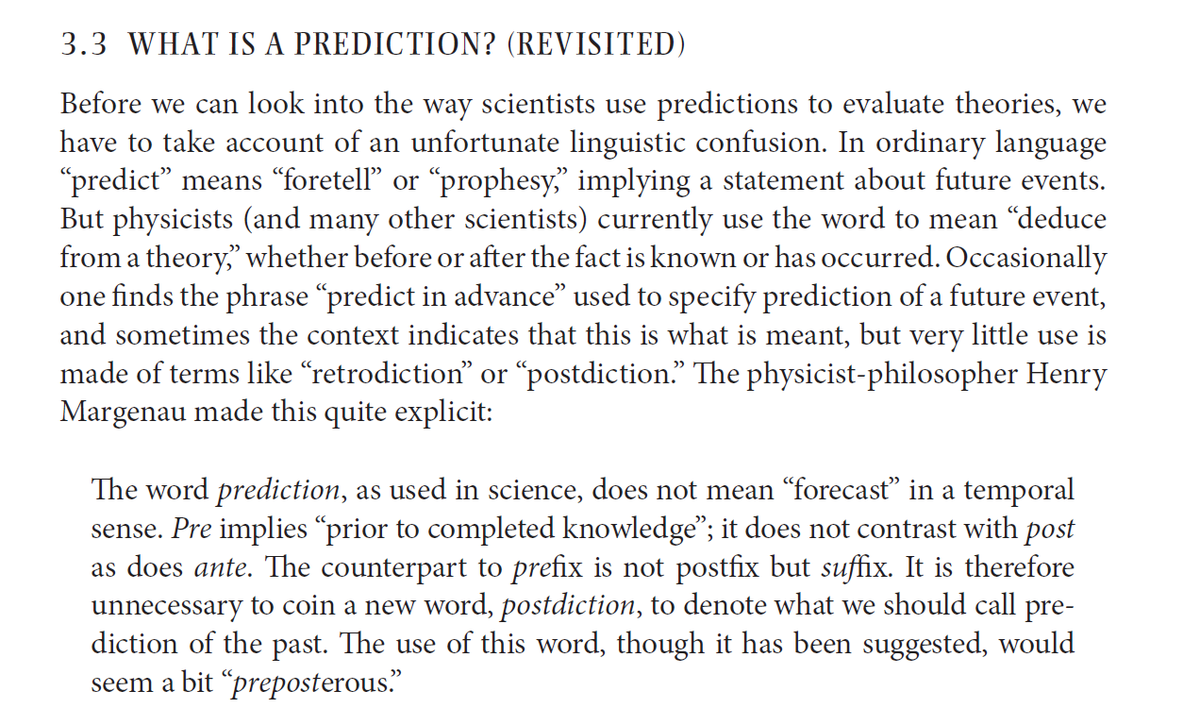 First up is Brush (2015, p. 78), who contrasts the scientific meaning of the word “prediction” with its lay meaning in order to make way for the concept of post hoc prediction or “prediction of the past.” https://books.google.com.au/books/about/Making_20th_Century_Science.html?id=6H70BgAAQBAJ&redir_esc=y