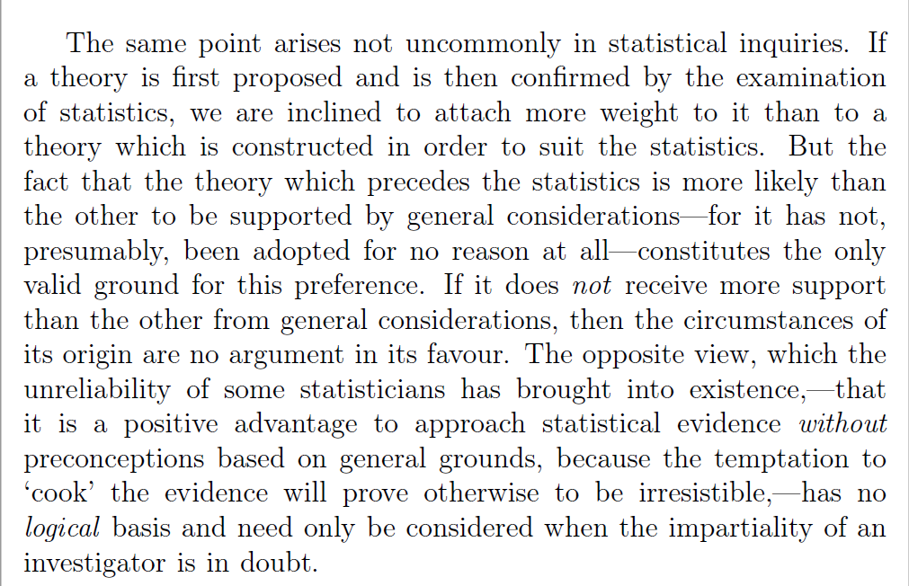 Keynes (1921, p. 350) argues that a priori and post hoc theory is the same if it receives equal support from “general considerations” (background knowledge).(Note that researcher impartiality can be checked via open research data and materials.) http://www.gutenberg.org/ebooks/32625&nbsp;