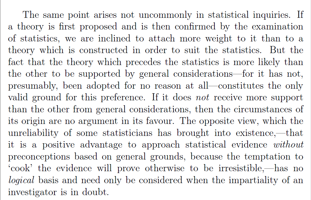 Keynes (1921, p. 350) argues that a priori and post hoc theory is the same if it receives equal support from “general considerations” (background knowledge).(Note that researcher impartiality can be checked via open research data and materials.) http://www.gutenberg.org/ebooks/32625 
