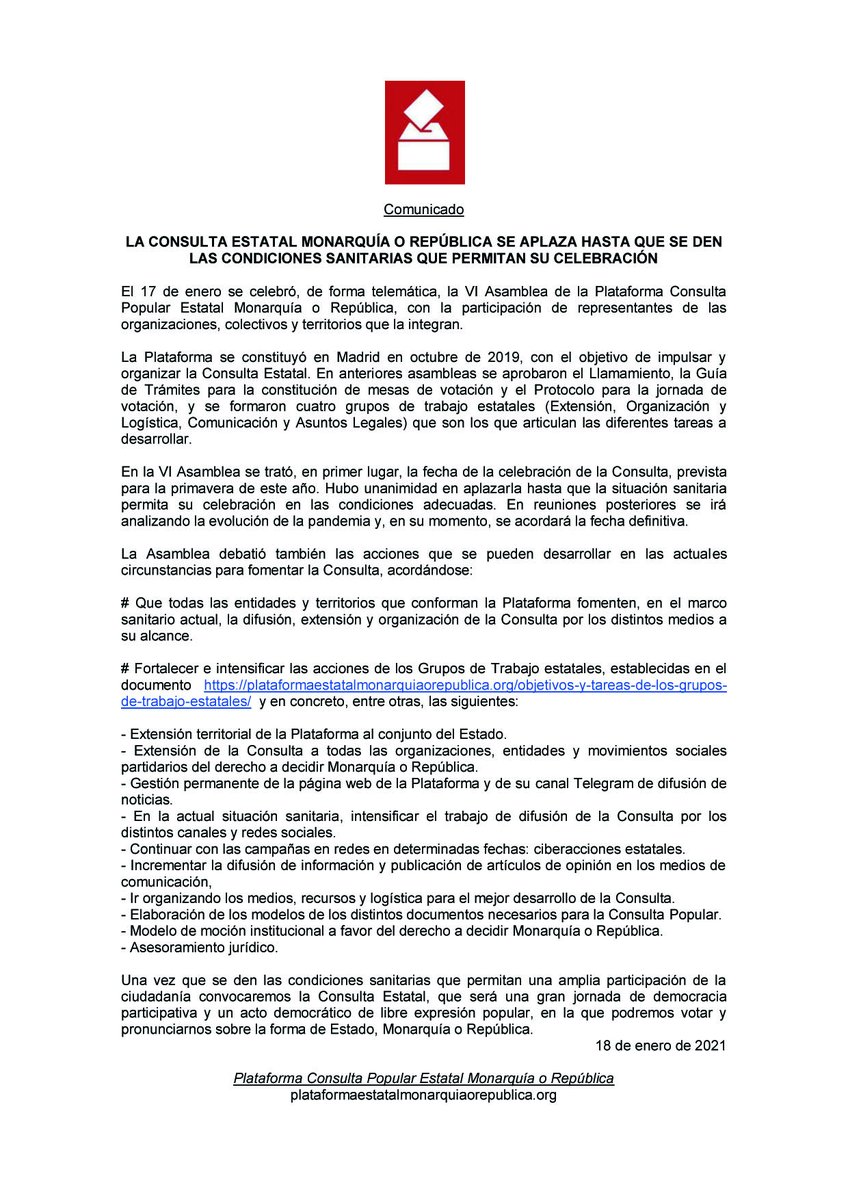 consultaestatal's tweet photo. 🔴 La consulta estatal monarquía o república se aplaza hasta que se den las condiciones sanitarias que permitan su celebración 👇https://t.co/a7fq008xop #TúDecidesEn2021  #ConsultaPopullarEstatalMoR https://t.co/QpCmCUwRCg
