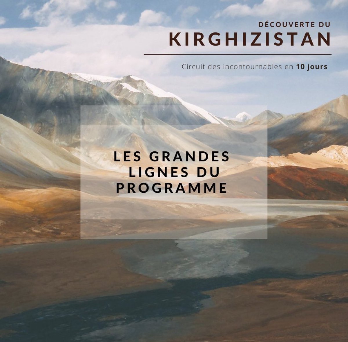 Je suis heureux de vous annoncer mon projet. La création d’un circuit afin de vous faire découvrir mon pays, le Kirghizistan 🇰🇬 
Cet aboutissement me tient à cœur. 
Il s’agit d’un programme en 10 jours qui vous permettra de découvrir les incontournables du Kirghizistan