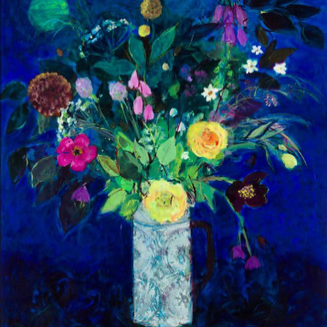 A Blue Monday Still Life! Flowers against a Midnight Blue Sky, complete with Moon.@UNIONgallery1 #midnight #stilllife #flowers #bluemonday #roses #foxgloves #romance #moon #gardenflowers