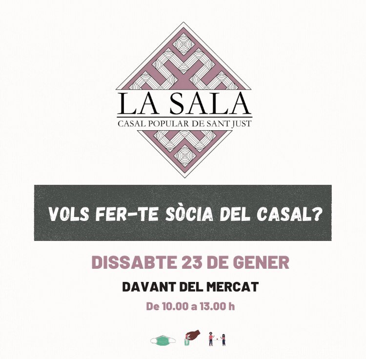 Ei, que això no s'atura i *La Sala* va creixent! 💪🏾🥰

Vols fer-te sòcia del Casal Popular La Sala? 📄✍🏽

*Aquest dissabte* 23 de gener, ens trobaràs *davant del Mercat* de Sant Just amb els fulls d'inscripció per a noves sòcies. 📆

T'hi esperem!