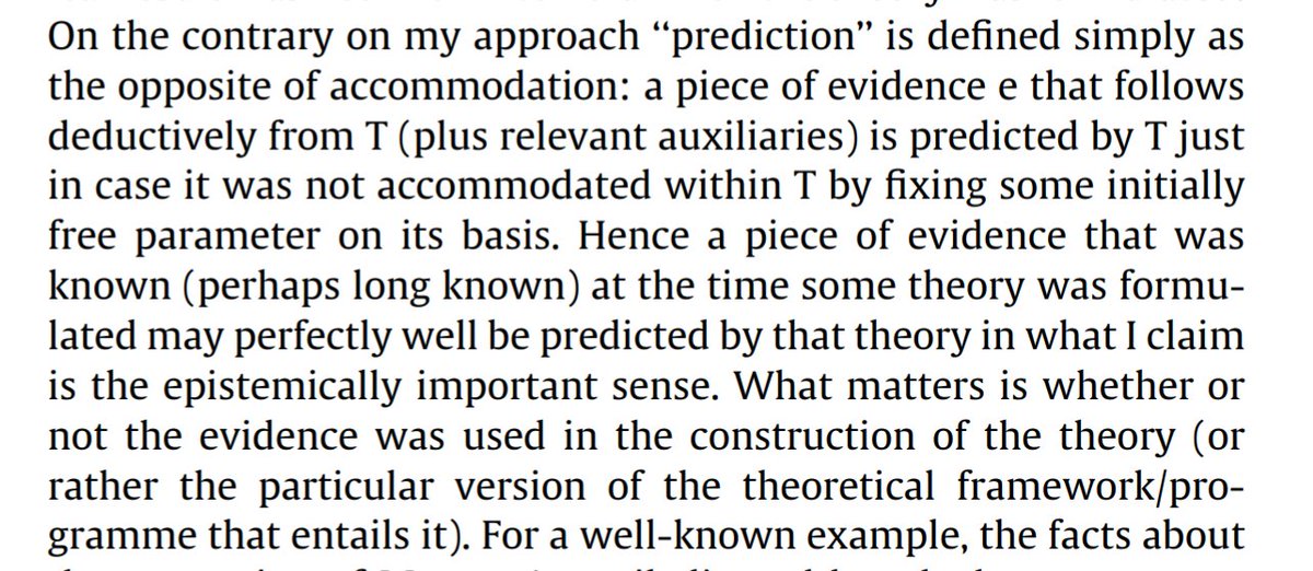Worrall (2014, p. 55) provides a useful distinction between prediction and accommodation that hinges on whether evidence has been used to fix (specify) an otherwise free parameter in a theory. http://dx.doi.org/10.1016/j.shpsa.2013.10.001