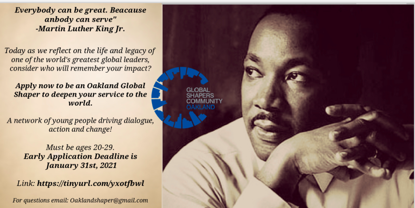OaklandShapers's tweet photo. Today as we reflect on the life and legacy of one of the world's greatest global leaders, consider who will remember your impact? 

Apply now to be an Oakland Global Shaper to deepen your service to the world. Link: https://t.co/POwE2JBFBt https://t.co/CMue05RJLf