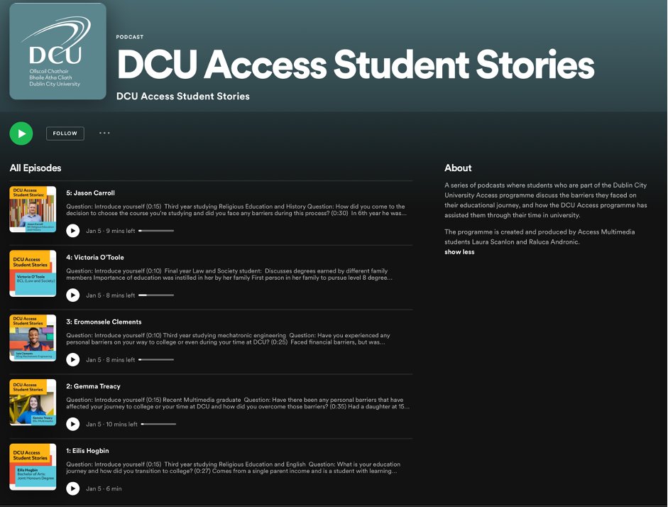 RalucaAndronic's tweet photo. Here is the #podcast series I created alongside my colleague and friend for @DCUAccess. These podcasts aim to share stories from Access ambassadors who talk about their personal barriers and experiences accessing third level education. #MondayMotivation 
https://t.co/puz4eCnXV1 https://t.co/EuWhwfQrOR