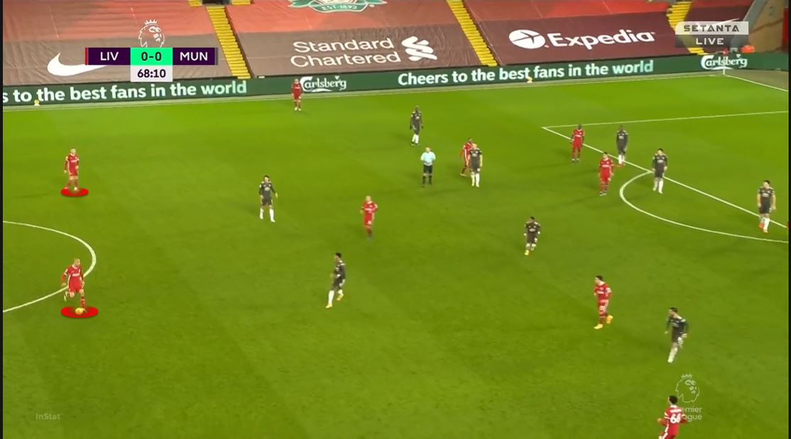 In the 2nd half, United sat 15 yards deeper to close the space for Thiago more and reduced the space Liverpool can exploit behind McFred. This forced Fabinho and Henderson to try to create themselves and push forward. At this point, the game started to become end to end.