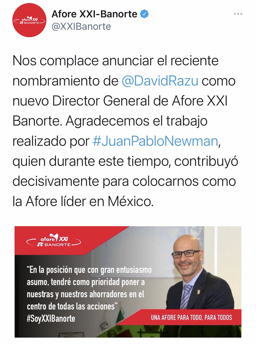 DavidRazu's tweet photo. Hace unos momentos, el Consejo de Administración de @XXIBanorte, tomó conocimiento de mi designación como su nuevo director general. Agradezco sinceramente a @zoerobledo, DG de @Tu_IMSS su confianza para este encargo, así como a Banorte por su decidido respaldo al mismo https://t.co/g9a2LT3TAG