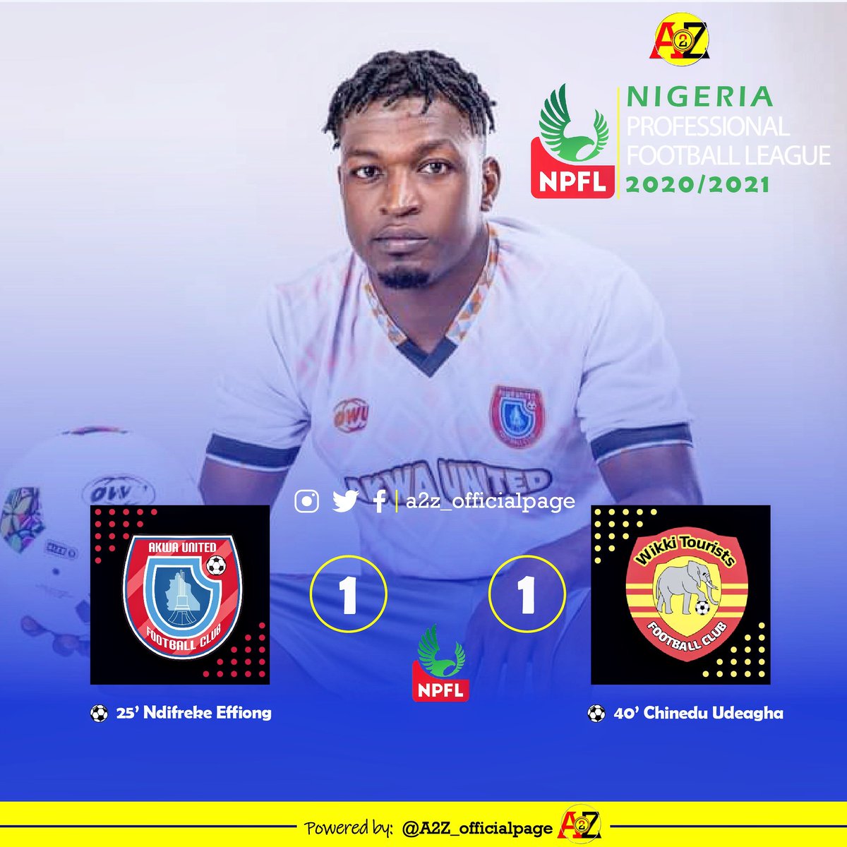 a2zfootballhub's tweet photo. π¨ NPFL MONDAY FOOTBALL π¨
Akwa United and Wikki Tourist share the spoils in the final match of game week 5. A strong performance from Akwa hitman Ndifreke Effiong and Nigeria U-17 international Nazifi Yahaya today.
#NPFL21 #nigeria #NPFL #akwaibom #uyo #bauchi #wikkitourist https://t.co/0Jymw5W0ig