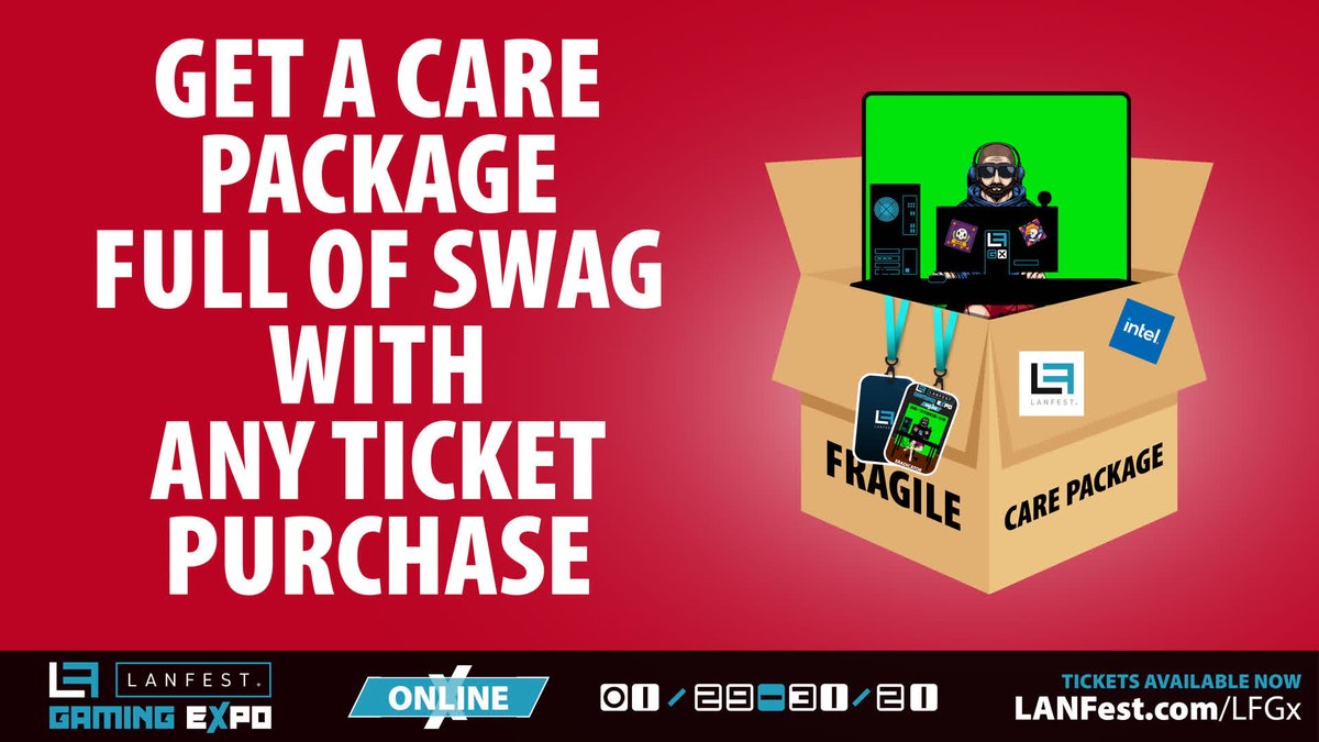 LANFESTgames's tweet photo. Get a care package with any ticket purchase to LANFEST Gaming Expo (LFGx) Online!

January 29-31, 2021! 

Register >> https://t.co/lxLeVdboe3
Facebook Event >> https://t.co/k4jVgeY8Sx
Discord >> https://t.co/Psq7mHtP2L

#LANFest #LFGx https://t.co/SUjHV1QpJK