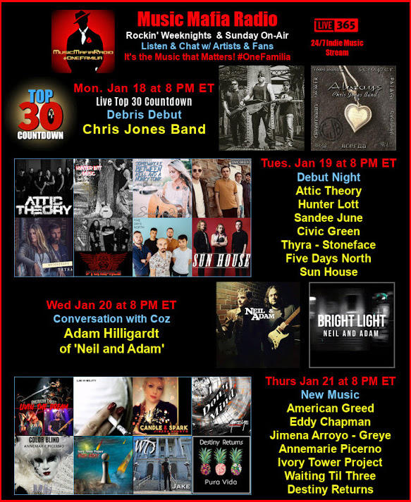 Music Mafia Radio (@musicmafiaradio) on Twitter photo M 8 pm ET/ 5 PT - Top 30 Countdown!
Debris Debut 'Always' <a href="/chrisjonesband/">Chris Jones</a>
T 8 - Debuts <a href="/attictheory/">Attic Theory</a> <a href="/HunterALott/">Hunter Lott</a> <a href="/SandeeJuneMusic/">Sandee June Music</a> <a href="/SunHouse_band/">Sun House</a> <a href="/thyraofficial/">Thyra</a> <a href="/Stonefaceband/">Stoneface</a> <a href="/fivedaysnorth/">Five Days North</a> <a href="/civic_green/">Civic Green</a>
W 8 - Convo w/ Coz! Guest Adam Hilligardt of <a href="/neiladammusic/">Neil and Adam Music</a>
Th 8 New Music! M 8 pm ET/ 5 PT - Top 30 Countdown!
Debris Debut 'Always' <a href="/chrisjonesband/">Chris Jones</a>
T 8 - Debuts <a href="/attictheory/">Attic Theory</a> <a href="/HunterALott/">Hunter Lott</a> <a href="/SandeeJuneMusic/">Sandee June Music</a> <a href="/SunHouse_band/">Sun House</a> <a href="/thyraofficial/">Thyra</a> <a href="/Stonefaceband/">Stoneface</a> <a href="/fivedaysnorth/">Five Days North</a> <a href="/civic_green/">Civic Green</a>
W 8 - Convo w/ Coz! Guest Adam Hilligardt of <a href="/neiladammusic/">Neil and Adam Music</a>
Th 8 New Music!