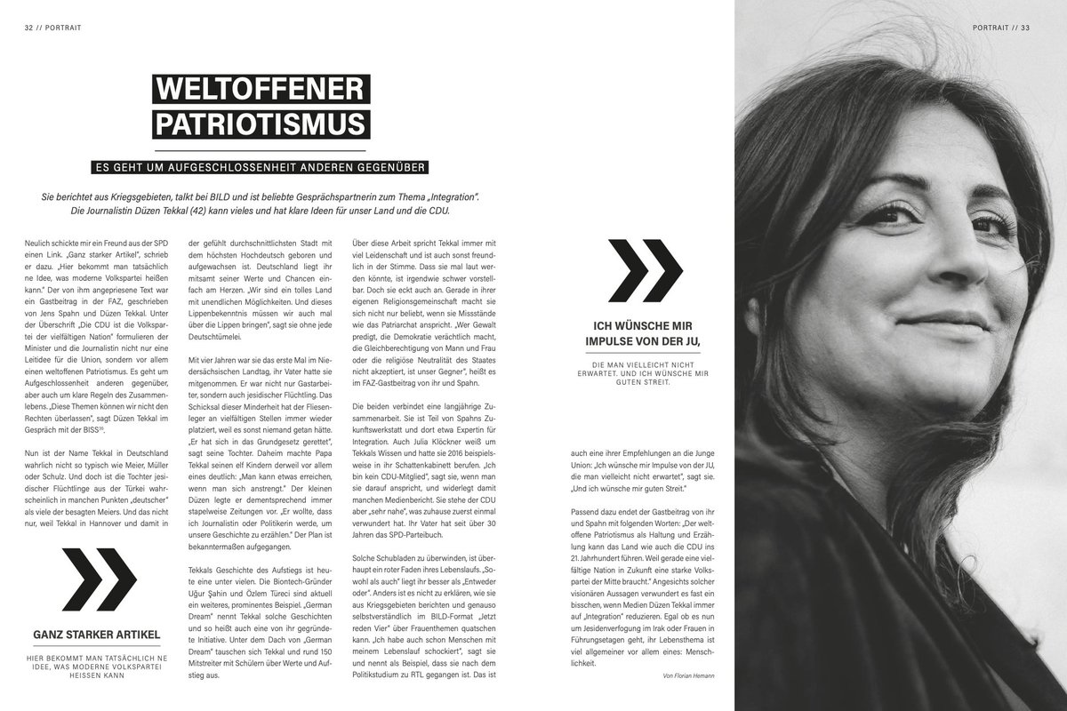 Die Journalistin <a href="/DuezenTekkal/">Düzen Tekkal</a> bekommt es in meinen Augen vorbildlich hin, Schubladen zu überwinden. „‚Sowohl als auch‘ liegt ihr besser als ‚Entweder oder‘“, attestiere ich ihr in meinem Porträt für die BISS35. Die ganze Ausgabe gibt es bei der <a href="/JU_NRW/">Junge Union NRW</a>. ju-nrw.de/data/documents…