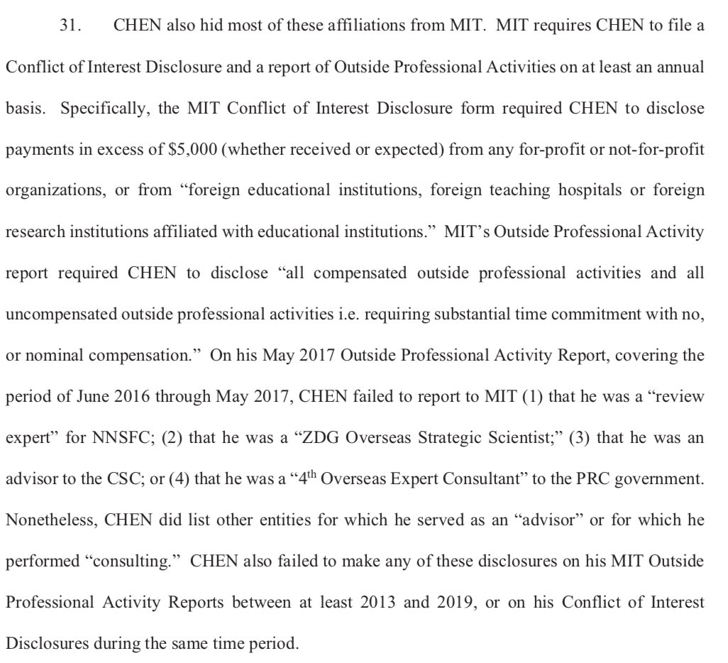 31. McCarthy states "CHEN also hid most of these affiliations from MIT."Context:Professors are required to disclose positions involving payment or substantial time commitment. No evidence is provided that the affiliations listed meet those thresholds.