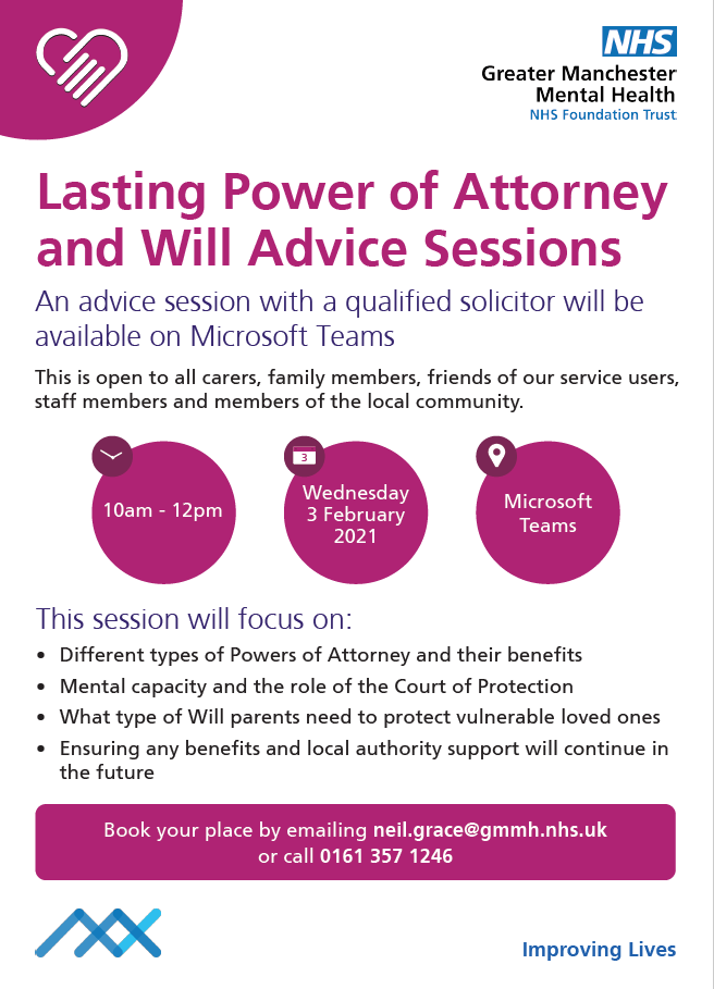 WiganLeighCarer's tweet photo. ๐ค Do you know anyone would benefit from some advice on Lasting Power of Attorney or Wills? This free advice session run by @GMMH_NHS is on Wednesday 3rd February, 10 am - details can be found in this flyer ๐
#PowerofAttorney #WillAdvice #SupportforCarers https://t.co/ROlFhkqeUt