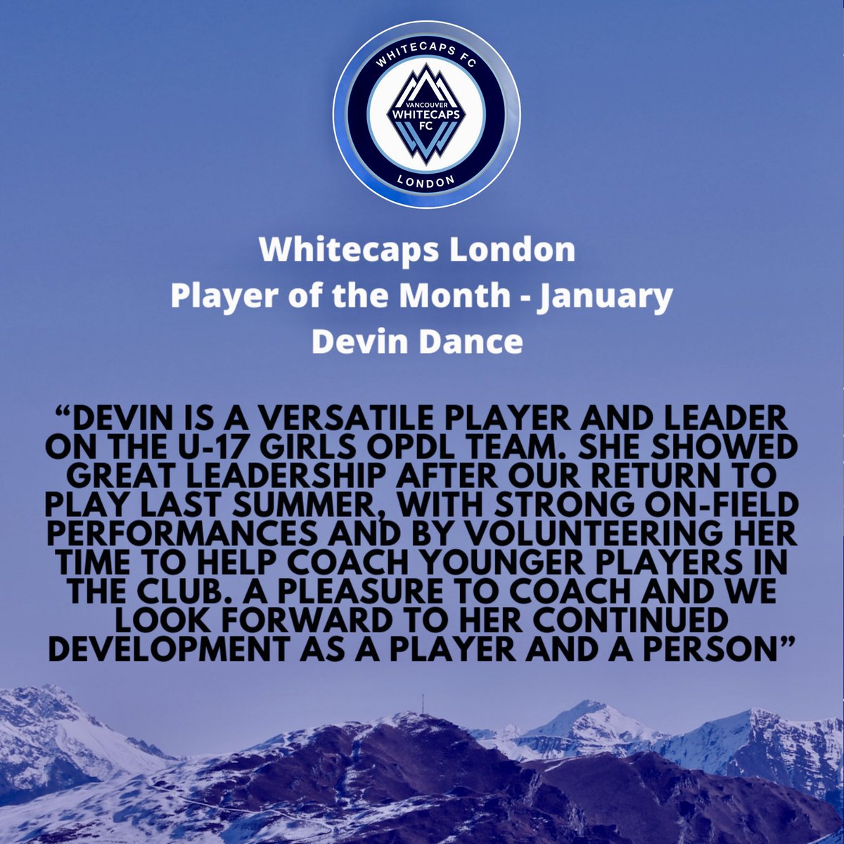 whitecapslondon's tweet photo. Congrats  to #whitecapslondon U17 OPDL Girls Devin Dance @devindance1 for being named Whitecaps London Player of the Month for January❗️

👀 https://t.co/6614XKnPym

@WhitecapsYouth #PlayeroftheMonth https://t.co/iOVlAaXY3b