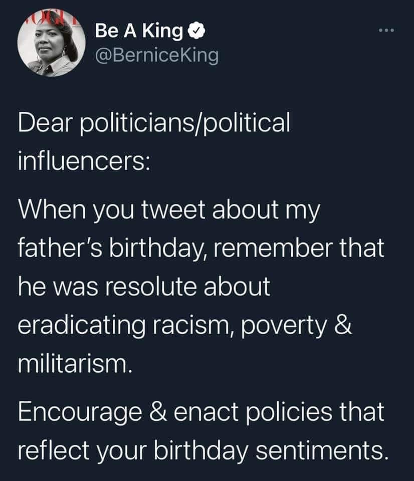 justicesquadmn's tweet photo. Bernice King, daughter of Dr. Martin Luther King, Jr has a message for politicians today. https://t.co/bYSj7FKuQo