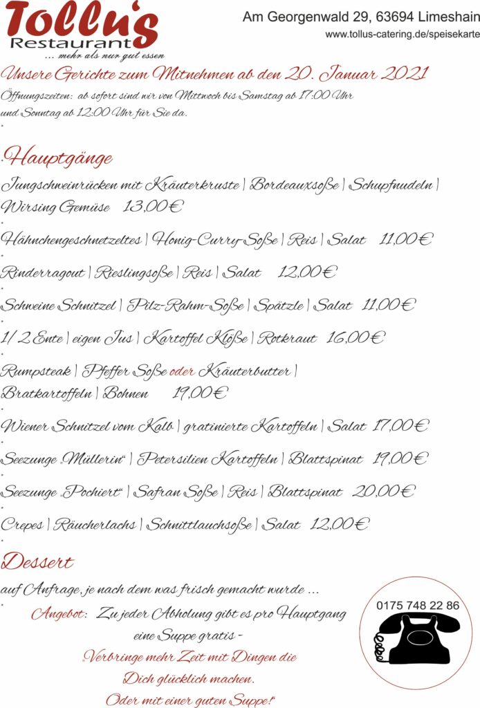 Zur Zeit ist das unsere Tages Speisekarte
Als erstes wünschen wir allen ein gutes und vor allem gesundes neues Jahr.
Das Restaurant ist immer noch geschlossen. Alle aufgeführten Gerichte sind zum Mitnehmen.
Rufen
https://t.co/xfJlHDYaxK https://t.co/y0qeZcCC4D