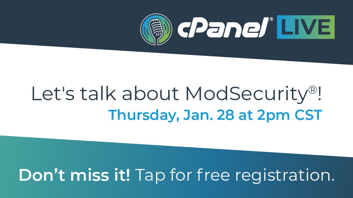 cPanel's tweet photo. Join us for a special cPanel Live broadcast:
Get started with ModSecurity®
Thursday, Jan. 28 at 2pm CST
Don't miss it! Tap for free registration
https://t.co/hdlqCEyUbY
#ModSecurity #cPanelLive #cPLive #cPanel https://t.co/RLR28fTNCQ