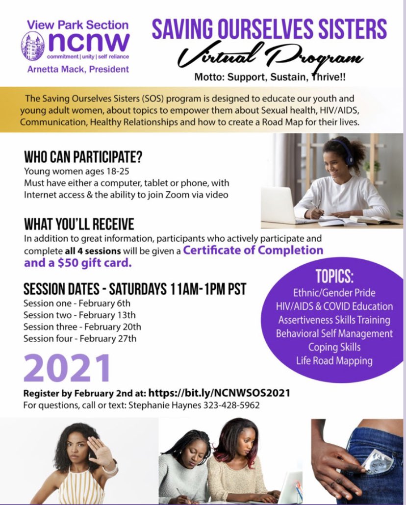 ncnw_viewpark's tweet photo. Join NCNW View Park for our virtual program “Saving Ourselves Sisters.” See the flyer for more details. Register using the link below by February 2nd to reserve your spot: https://t.co/Gw0fo8ijJe

#NCNW #Covideducation #HIVawareness #AIDSawareness #communityservice #SOS https://t.co/eM8gvCeGL9