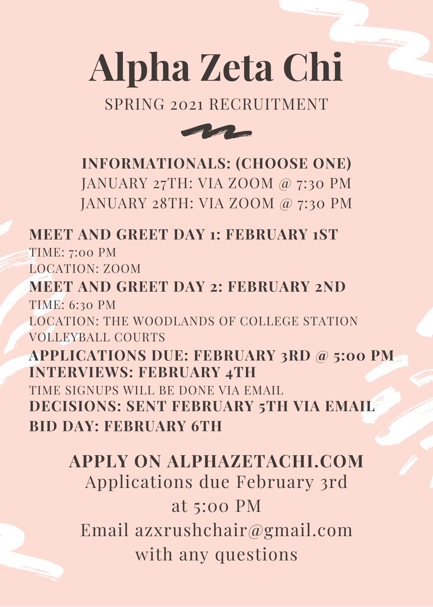 TAMU_AZX's tweet photo. OUR SPRING RECRUITMENT SCHEDULE IS HERE!!! We are so excited to meet everyone! 
•
If you have any questions/concerns, please email azxrushchair@gmail.com #ApplyAZX #tamu21 #tamu22 #tamu23 #tamu24 https://t.co/AaNulyPyju