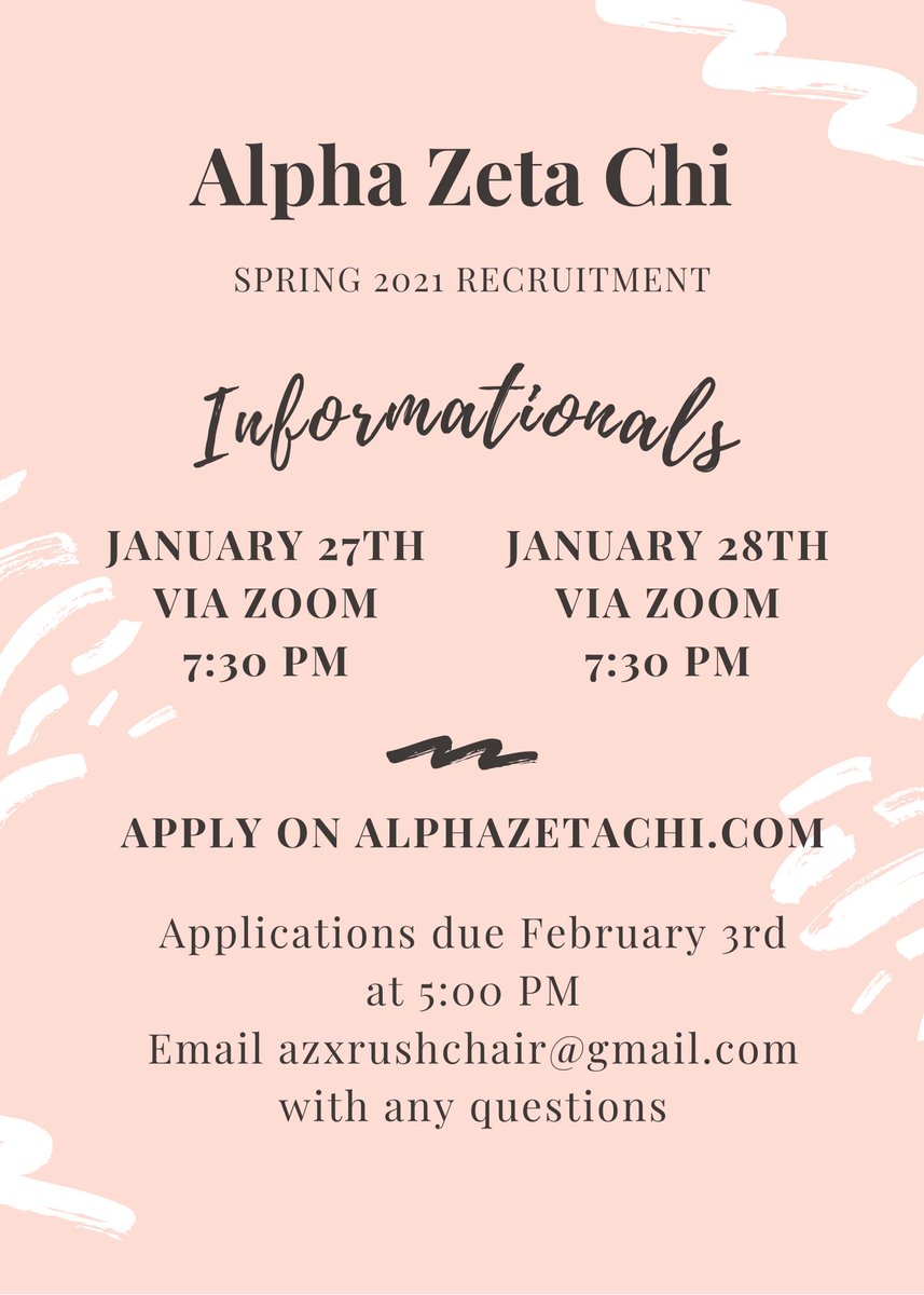 TAMU_AZX's tweet photo. OUR SPRING RECRUITMENT SCHEDULE IS HERE!!! We are so excited to meet everyone! 
•
If you have any questions/concerns, please email azxrushchair@gmail.com #ApplyAZX #tamu21 #tamu22 #tamu23 #tamu24 https://t.co/AaNulyPyju