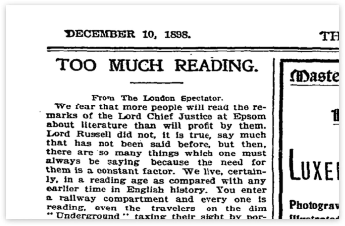PessimistsArc's tweet photo. We did it, we found someone whining about everyone looking down to read on trains in 1898:

“You enter a railway compartment and every one is reading, even the travelers on the dim “Underground” taxing their sight.”  
 https://t.co/zk43mQNucA https://t.co/LxgHIfkrUS