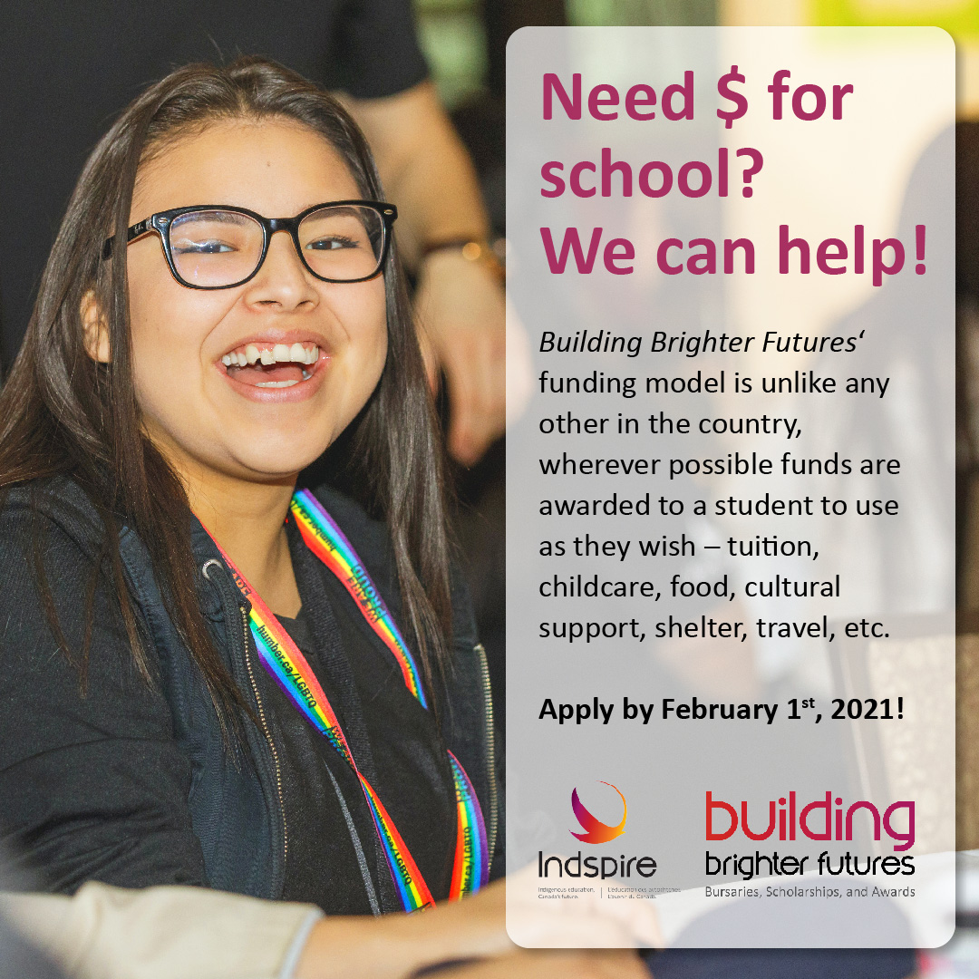 Calling all #FNMI post-secondary students: do you need $ for school? We can help! Apply to our #BBF program before February 1, 2021! bit.ly/3bROpiX 

📢 ❗️Important: if you’ve already applied during our Aug 1 or Nov 1, 2020 deadline, you DON’T need to apply again! :)