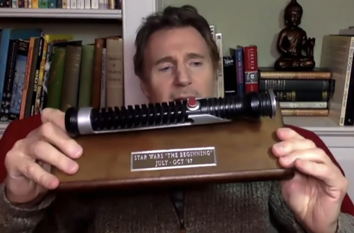 sw_holocron's tweet photo. Liam Neeson with his lightsaber hilt from The Phantom Menace on @latelateshow https://t.co/zWnMHcmLp4
