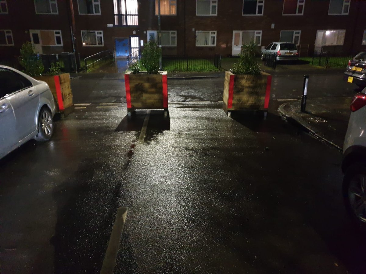 gmptraffic's tweet photo. This vehicle failed to stop for #XT48, the very brief pursuit was brought to a safe conclusion thanks to these planters which have recently been placed in the roads around Levenshulme. Vehicle seized and no doubt will go unclaimed and be crushed #RPUEAST #DRELIEF https://t.co/AmBTI4dalo