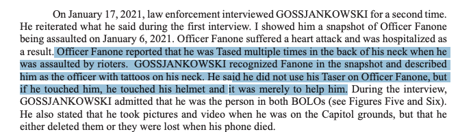 The FBI also interviewed a man who was seen wielding a taser during a violent entry of the Capitol.
He remembered seeing one of the police officers seriously injured in the riots (the officer was tased) but said he was sure he wasn't the one who did it. https://t.co/N6AndWaMxw https://t.co/yaNXXLfTPq