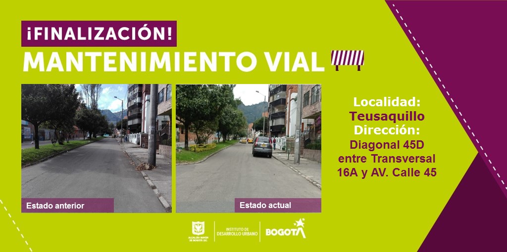 📣 ¡#Atención 🙂 #BuenasNoticias ciudadanos de la localidad #Teusaquillo @teusaquillo13!
📍La Diagonal 45D entre Transversal 16A y Av Calle 45, 🙂 ¡tiene nueva cara!
👷♂Trabajamos comprometidos con la transformación de @Bogota.
#SomosIDU https://t.co/SLcHy9KMrW