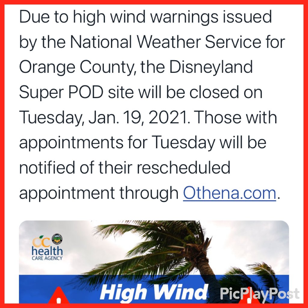 michelegiletv's tweet photo. No vaccines at #Disney tomorrow due to strong winds predicted. Anaheim site will close for the day @cbsla #cbsla #vaccines #orangecounty https://t.co/eyHNkJPQA8