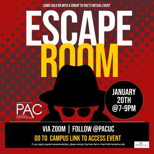 HEY! THIS WEDNESDAY! We are hosting a virtual ESCAPE ROOM event on zoom!! Show up alone or bring some friends anytime from 7pm-9pm 🔎🔎🎩 Access the event via our campus link. Come and see if YOU have the brains to escape 😎🧠