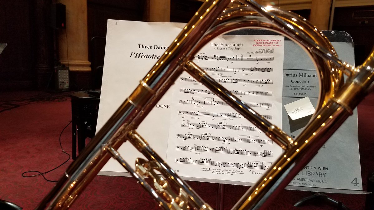 CaseyMadayMusic's tweet photo. Work!!! So excited to be back performing with the @DMSymphony this week! #Joplin #Milhaud #Stravinsky #dmsymphony #trombone #MusicInIowa #edwardsinstrumentsco #griegomouthpieces #caseybonebeerfish https://t.co/3w1DmdC1cX
