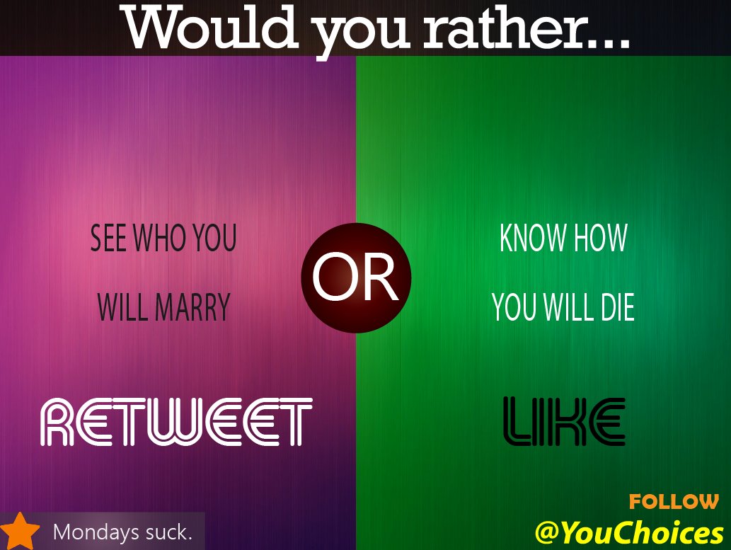 YouChoices's tweet photo. Marriage or death?

Have an Android? Download our app! ➡️
https://t.co/qMxMtpOKrM https://t.co/WO5ybsj6O2