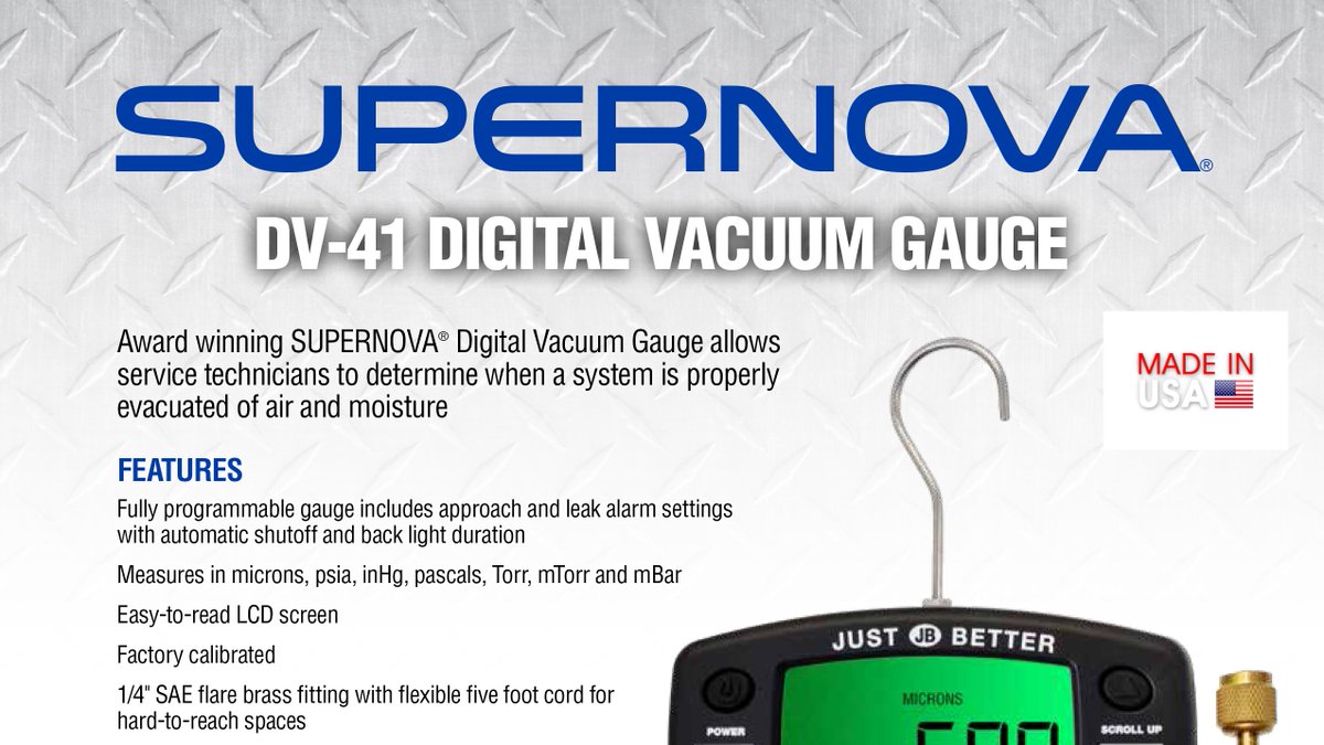 WCSHVACR's tweet photo. @JBIND DV-41 Digital Vacuum Gauge allows service technicians to determine when a system is properly evacuated of air and moisture: Check out Features & Specs: https://t.co/h56p3miWIP #jbindustries #DV41 #hvac #heating #cooling #vacuumgauge #hvactools https://t.co/oaujv9JzT7