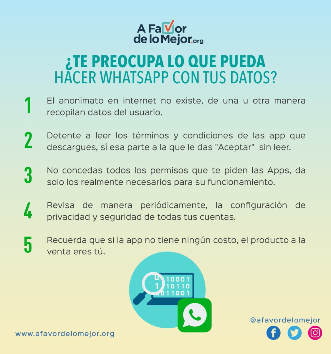 afavordelomejor's tweet photo. #AFMContigo Cuida siempre los datos que compartes con las aplicaciones que usas. Recuerda que tú eres el único que puede decidir con quién quieres compartirla.
#mensajeriainstantanea
#Seguridad
#Privacidad
#RedesSociales https://t.co/MMWbATMxJE