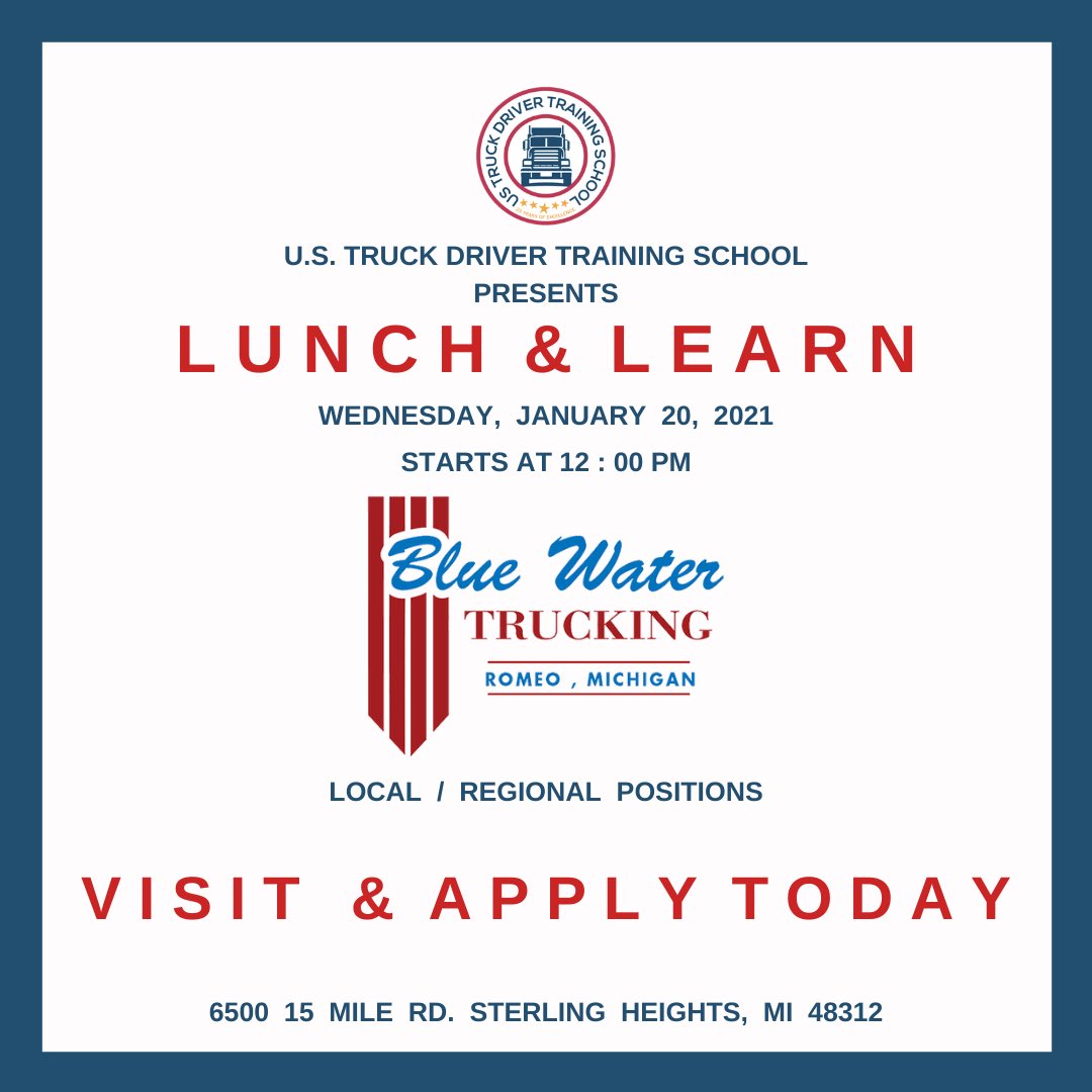 USTDTS's tweet photo. Blue Water Trucking will be at USTDTS this Wednesday for a Lunch &amp; Learn session! #USTDTS #CDLjobs  #CDLcareers #jobhunt2021 #truckingjobs #metrodetroit #macombcounty #waynecounty #oaklandcounty #truckdriving #trucking https://t.co/hleCe02Yqy