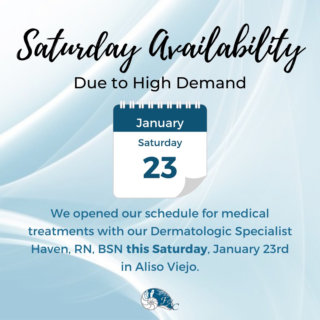 FACOrangeCounty's tweet photo. Due to high demand for Saturday appointments we opened our schedule for this Saturday, January 23rd in Aliso Viejo.
-
Appointment availability for medical treatments: Botox, Filler, IPL, Fractional CO2, DVD RF and more.
-
📱Call now to schedule (888) 596 3223 https://t.co/ReDEYhD2Ay
